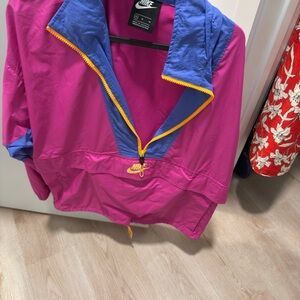 Nike Bright Pink Pullover Windbreaker with Blue Collar and Yellow Trim